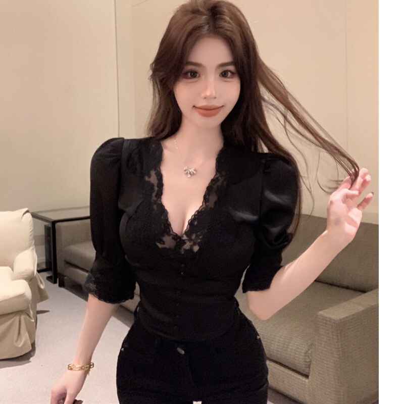 Spring and Summer Crochet Lace Patchwork Waist Shirt 2025 New Women's V Neck Three-Quarter Sleeve Satin High-End Short Top Spring and Summer Crochet Lace Patchwork Waist Shirt 2025 New Women's V Neck Three-Quarter Sleeve Satin High-End Short Top