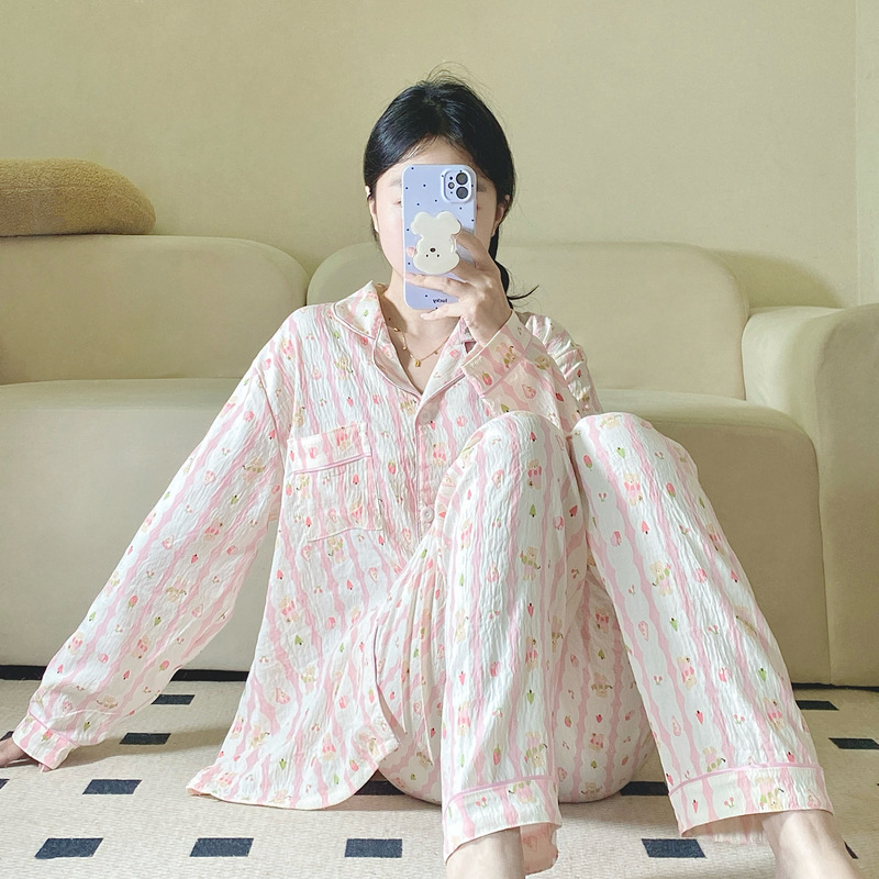 跨境直播睡衣女春秋云朵棉翻领开衫长袖长裤卡通甜美家居服女套装|undefined