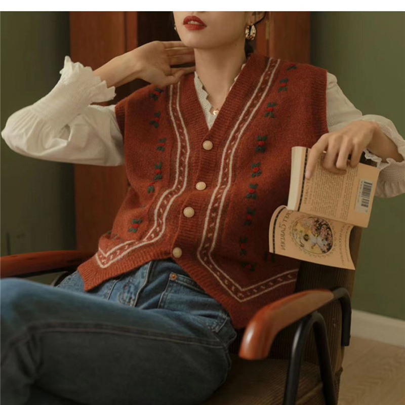 Vintage embroidery v neck sweater vest main image 1