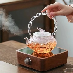 Fireside teapot glass pink butterfly button lid flower pot handle thickened heat-resistant office teapot