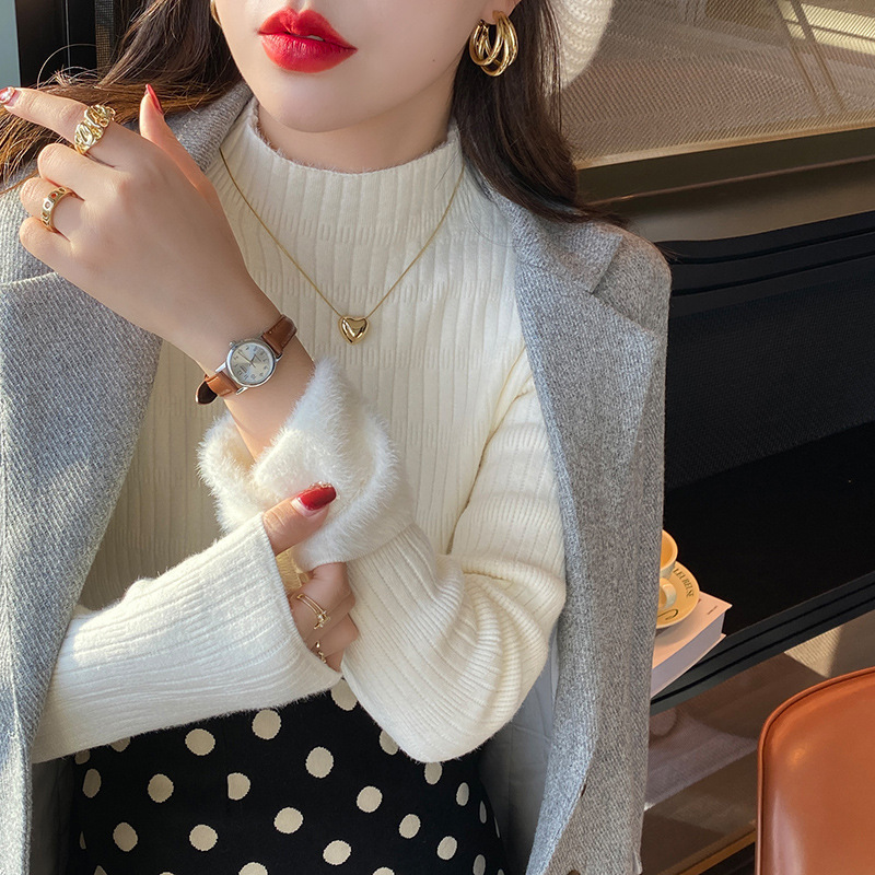 Irina Autumn and Winter Half High Neck Thickened Warm Inner One-piece Velvet Knitted Sweater Women's Slim-fit All-match Base Shirt for Women