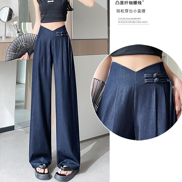 新中式天丝牛仔裤女夏季薄款高腰垂感国风盘扣窄版直筒西装阔腿裤
