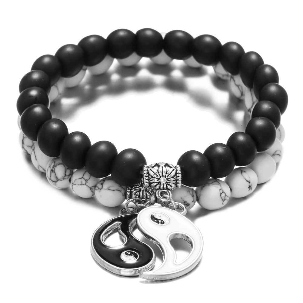 Moda Tai Chi Goteo Aceite Blanco Y Negro Con Cuentas Negro Esmerilado Blanco Turquesa Pulsera Conjunto display picture 3