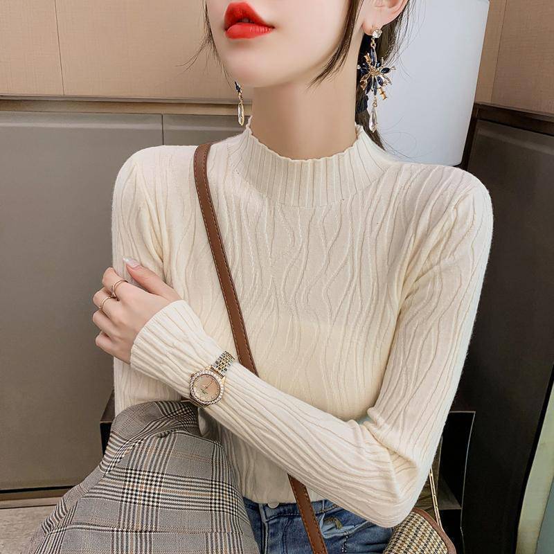 Suéter de fondo de manga larga con cuello alto para mujer 2023 otoño e invierno nuevo top de adelgazamiento slim fit Camisa de fondo de color sólido de estilo occidental image 3