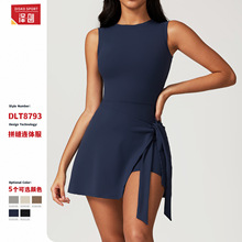 假两件防走光紧身运动连衣裙显瘦绑带休闲健身美背瑜伽网球裙8793