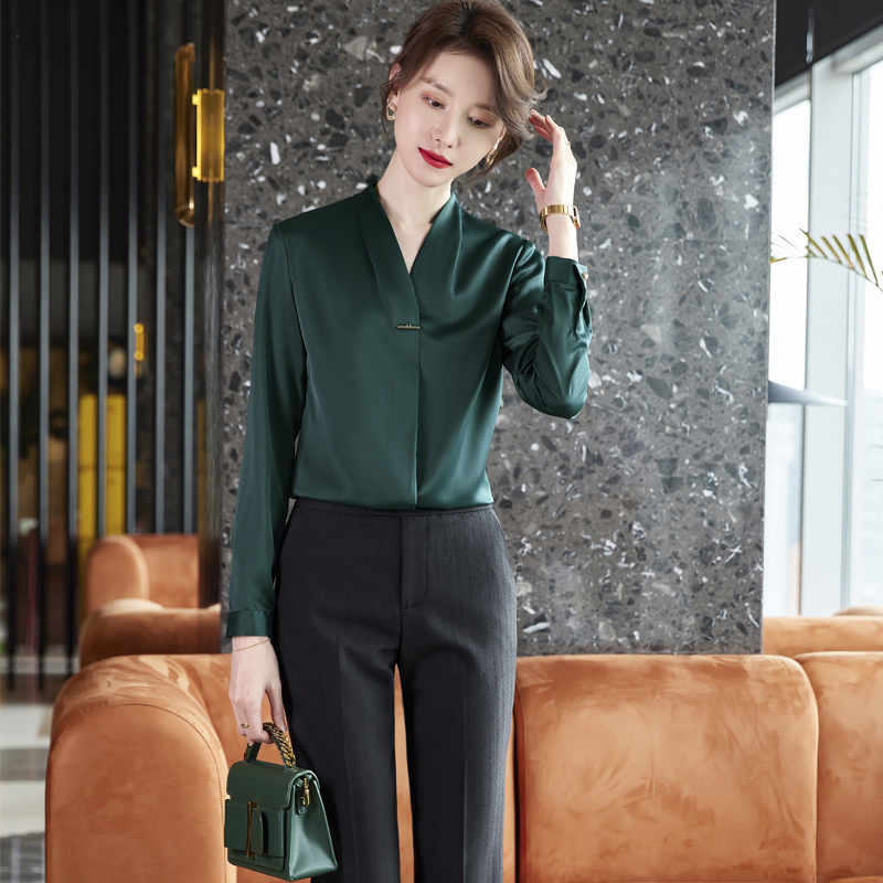 Counter genuine goods Silk Shirt Women's Long-sleeved Spring New Korean-style V-neck Mulberry Silk Top Slim-fit Slim-fit Shirt Counter genuine goods Silk Shirt Women's Long-sleeved Spring New Korean-style V-neck Mulberry Silk Top Slim-fit Slim-fit Shirt