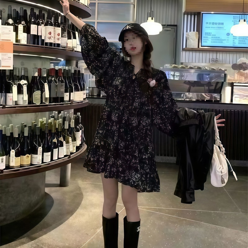 法式复古2025黑色碎花连衣裙新款小个子长袖宽松显瘦女装娃娃|undefined