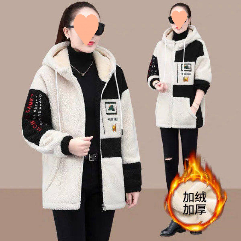 Plus Size Loose Fit 100kg Mid-Length Lambswool Sweatshirt for Women, Korean Style Slimming, Fleece-Lined, Thickened, Versatile Outerwear