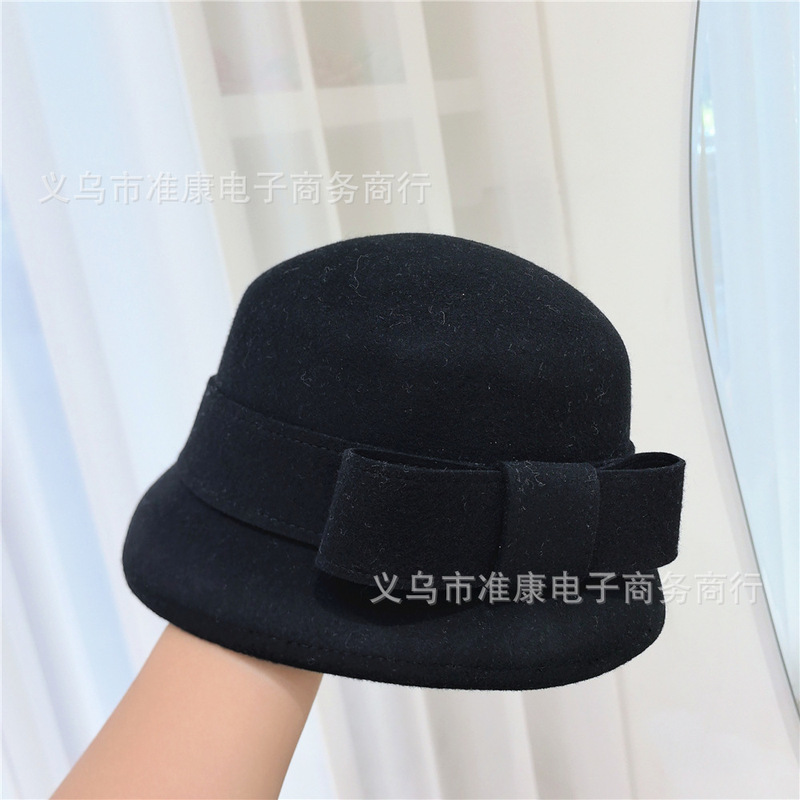 名媛气质款盆帽法式复古羊毛呢蝴蝶结渔夫帽优雅出街小檐毡帽秋冬|undefined