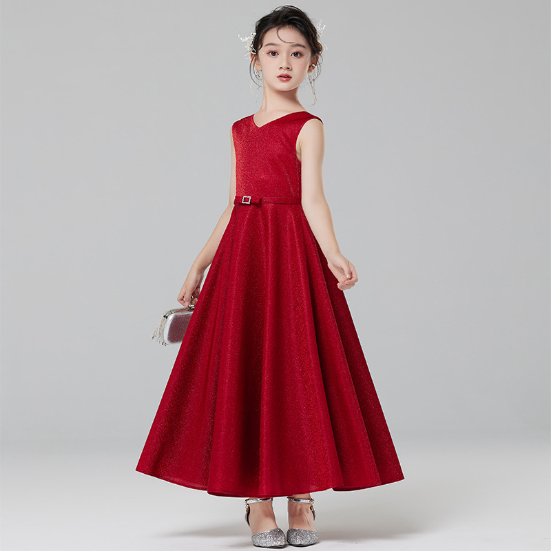 Vestido de noche de las niñas rojo niña de las flores Niña de la boda de alta gama princesa vestido otoño niños anfitrión piano traje