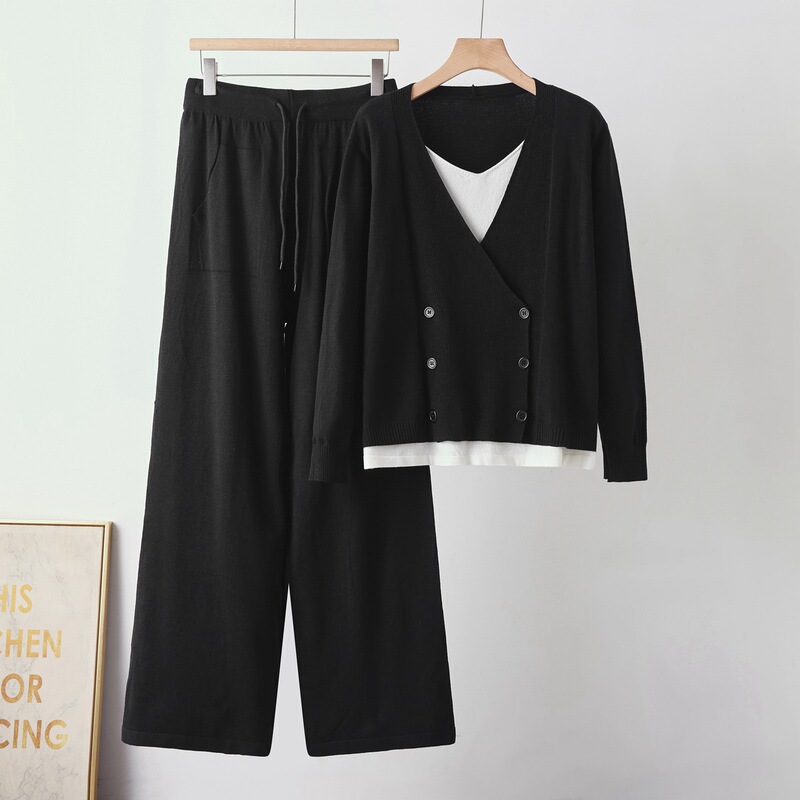 Cross-border foreign trade double-breasted color-blocked faux two-piece coat and wide-leg pants autumn-winter set for women, loose two-piece new product Cross-border foreign trade double-breasted color-blocked faux two-piece coat and wide-leg pants autumn-winter set for women, loose two-piece new product
