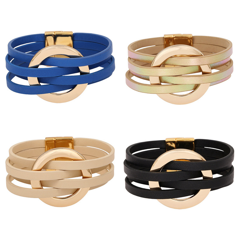 Tmeu Hot Cross-Border New Product Cross Leather Women's Bracelet Metal Large Ring Cuff Bracelet Multi-Layer Wristband Tmeu Hot Cross-Border New Product Cross Leather Women's Bracelet Metal Large Ring Cuff Bracelet Multi-Layer Wristband