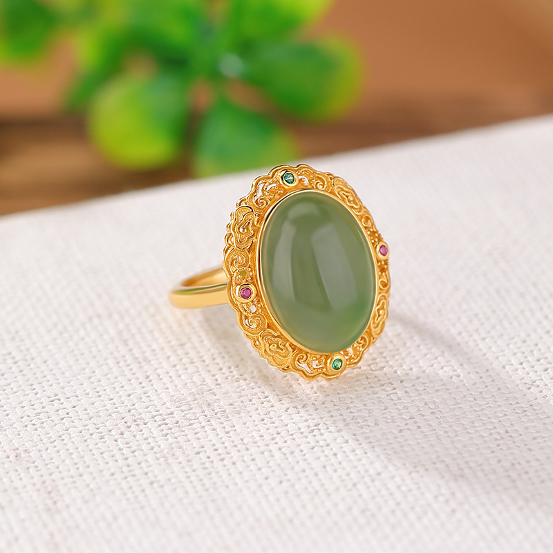 Nhẫn bạc S925 mạ vàng mặt ngọc bích jasper phong cách Trung Hoa họa tiết mây lành Ruyi — Bạc 925