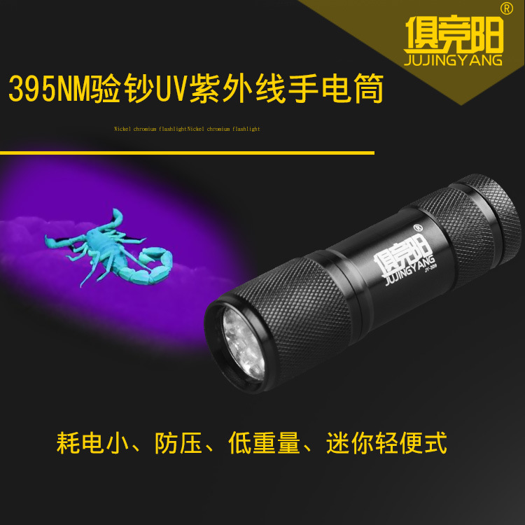 俱竞阳9LED验钞灯检测荧光剂紫光灯紫外线395nm手电筒照蝎子灯