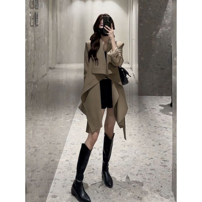 感时尚外套女2025春秋纯色大翻领设计系带收腰显瘦风衣英伦风|undefined