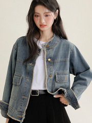 2025球秋新款复古毛边水洗牛仔外套女宽松设计感百搭外穿夹克上衣