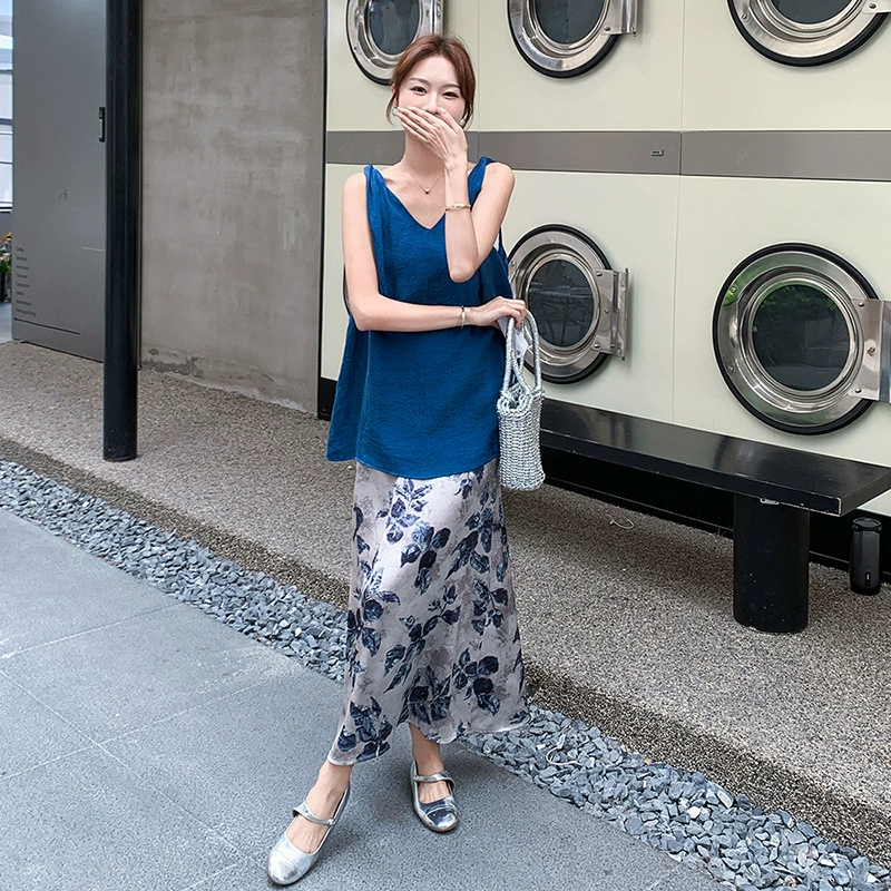 Синий топ на бретелях с принтом и юбкой, костюм 2025, новый женский летний ретро стиль, элегантный двухсоставной комплект с юбкой