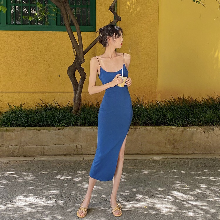 Mid-Length Slit Slimming Seaside Travel Beach Skirt Summer New Sexy Sleeveless Blue Suspender Dress