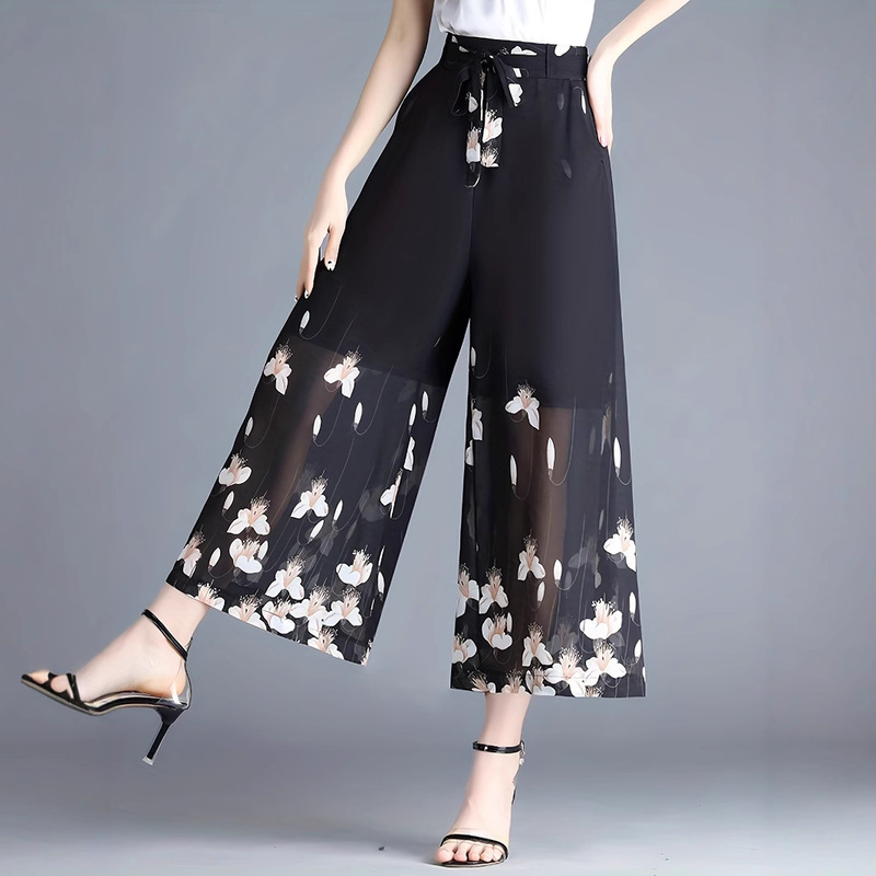 Cross-Border Summer Pants 2025 New Style Loose Nine-Point Length Plus Size Slimming Women's Drapey High-Waisted Chiffon Wide-Leg Pants