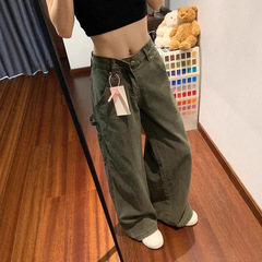 美式军绿色工装裤女新款多口袋复古休闲阔腿宽松直筒微喇牛仔裤子