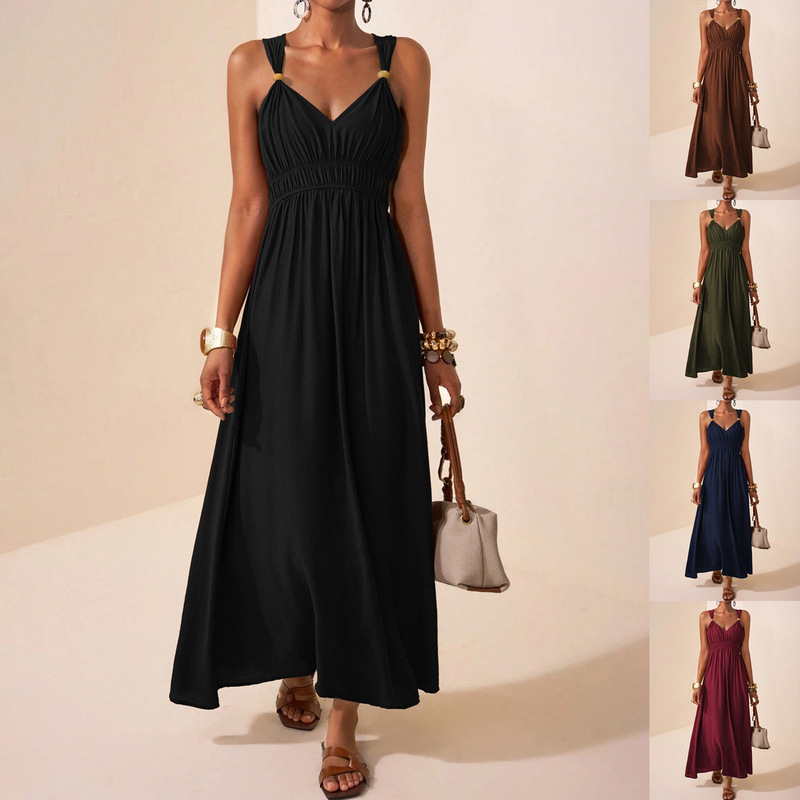 New Summer V-neck Sleeveless Solid Color Beaded Long Dress