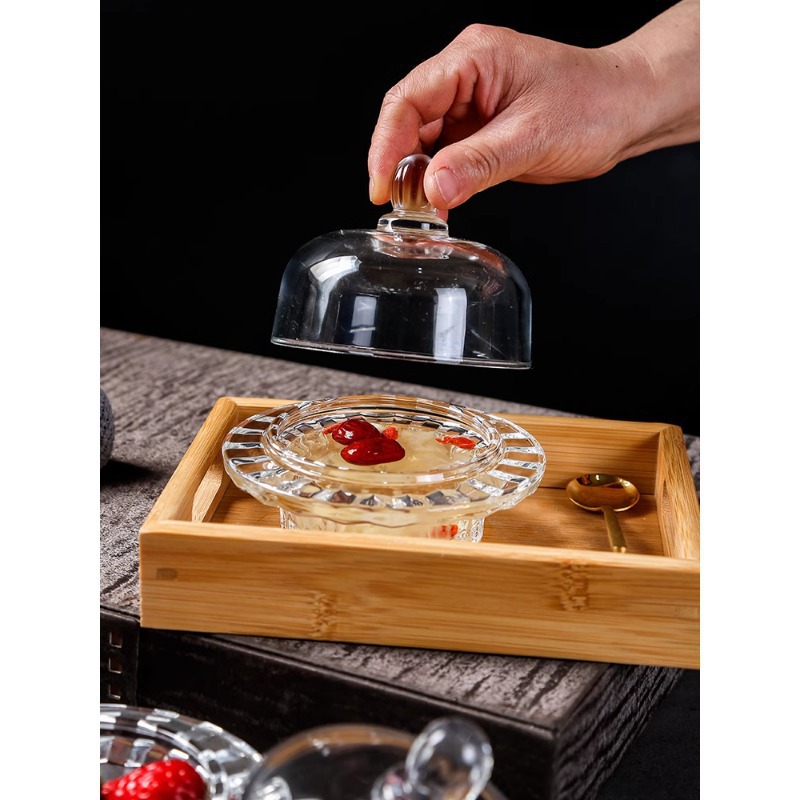 Tazón de postre de vidrio con tapa Tazón de nido de pájaro transparente Aperitivos de frutas Taza de dulces Pera de otoño Hongo blanco Taza de sopa pequeña Vajilla