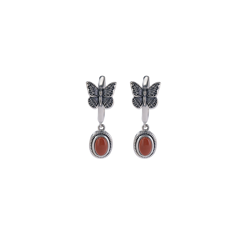 Bông tai bạc S925 mặt đá mắt mèo đỏ Nam, ngọc lam, kiểu retro cổ điển, mặt trứng bướm — Ngọc lam