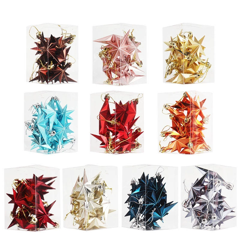 Christmas tree octagonal star hanging ornaments, plastic plated, 12 pcs per box