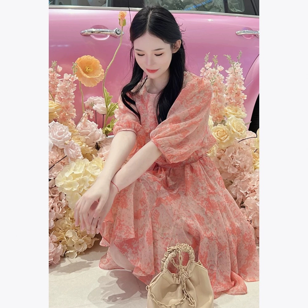 Váy hoa maxi nữ chất liệu chiffon tay ngắn thắt eo — Màu hồng