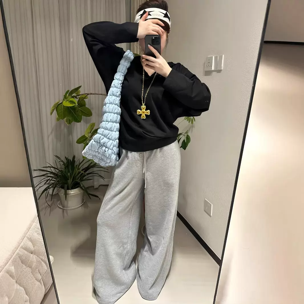 新款慵懒显瘦显腿长多纽扣松紧抽绳宽松休闲卫裤女直筒阔腿裤4509