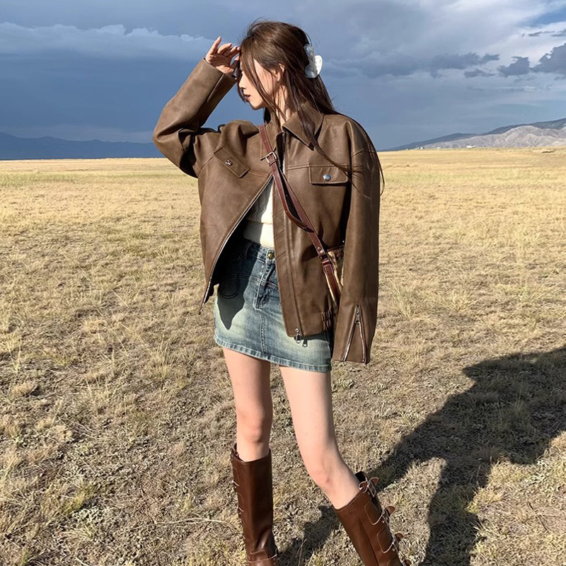 Brown leather coat for women 2024 Spring and Autumn New Maillard American retro PU leather small motorcycle jacket