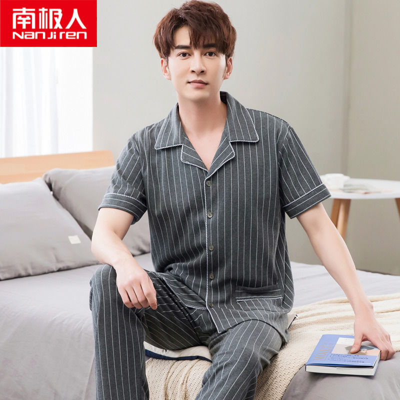 Pijamas de los hombres de verano 100% algodón pantalones de manga corta de media manga de primavera y otoño delgada cardigan ropa para el hogar más tamaño