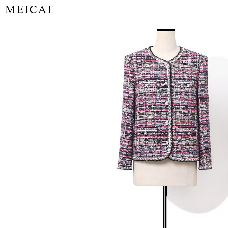American-Style Colorful Camellia Series Denim Mosaic Patterned Wool Tweed Chanel-Style Jacket American-Style Colorful Camellia Series Denim Mosaic Patterned Wool Tweed Chanel-Style Jacket