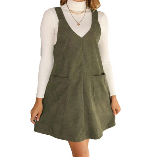 2026 European and American New Fashion Commuting Leisure Slimming V-Neck Pockets Solid Color Corduroy Belted Dress for Women