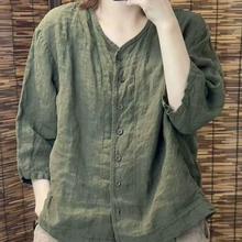 复古棉麻衬衫女2025秋季新款纯色V领中袖文艺休闲宽松百搭上衣女