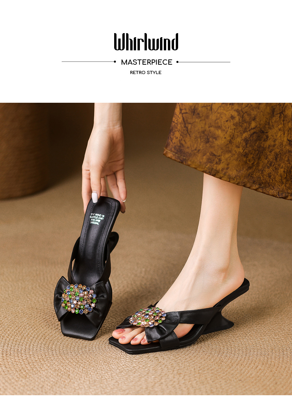 Sandal cao gót nữ hở mũi đính đá lấp lánh, gót 6 cm, mùa hè — đen chi tiết 1