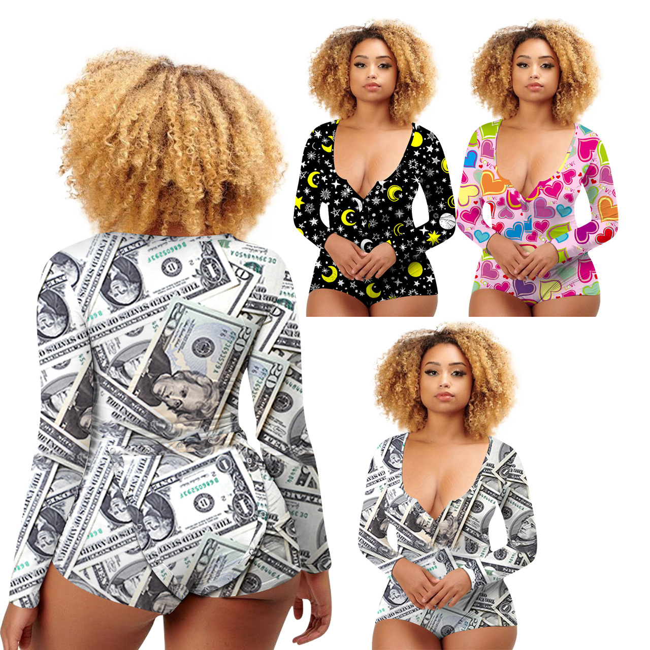 NK204 European and American Women's Foreign Trade Cross-border Amazon Hot Selling Button Flip-on Home Clothes Printed Jumpsuit