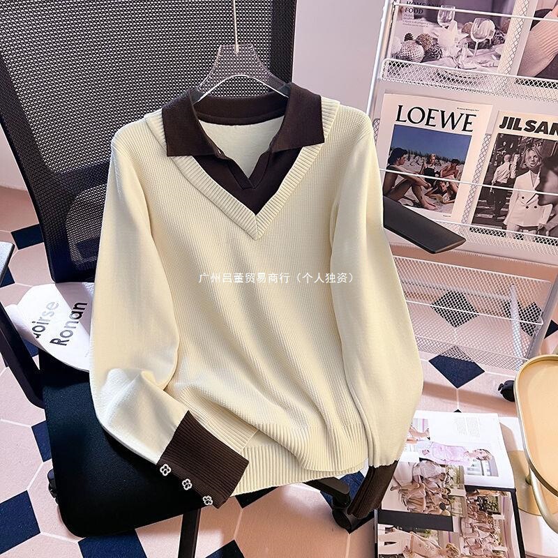 Autumn two-piece look POLO collar knit sweater for women, stylish and versatile, patchwork base shirt, loose fit, plus size top Autumn two-piece look POLO collar knit sweater for women, stylish and versatile, patchwork base shirt, loose fit, plus size top