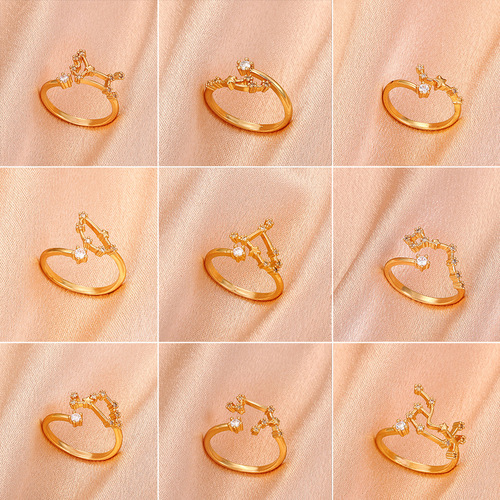 Japanese and Korean Minimalist Twelve Constellation Ring, Instagram Style Creative Fashion Copper Inlaid Zirconia Open Ring, Birthday Gift