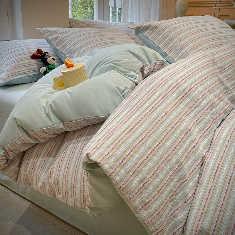 Juego de Sábanas de Cuatro Piezas de Algodón Lavado 2026A, Estilo Nuevo, Sábana Ajustable, Funda de Edredón, Ropa de Cama para Dormitorio