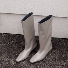 时髦感炸裂黑色大筒围女靴百搭方头小猫跟长筒靴直筒及膝软皮长靴