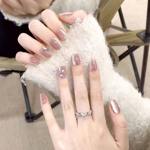 [30 pieces] short high-grade white powder cat eye broken diamond manicure handmade phototherapy fake nail piece finished wear nail