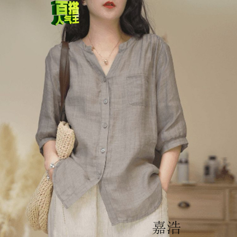 大码上衣夏季极简风纯色款领斜纹苎聚乙烯醇纤维（维纶）V领女无