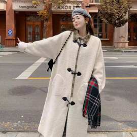 秋冬新款学院风加厚大衣长袖假两件设计感长款牛角扣羊羔毛外套女