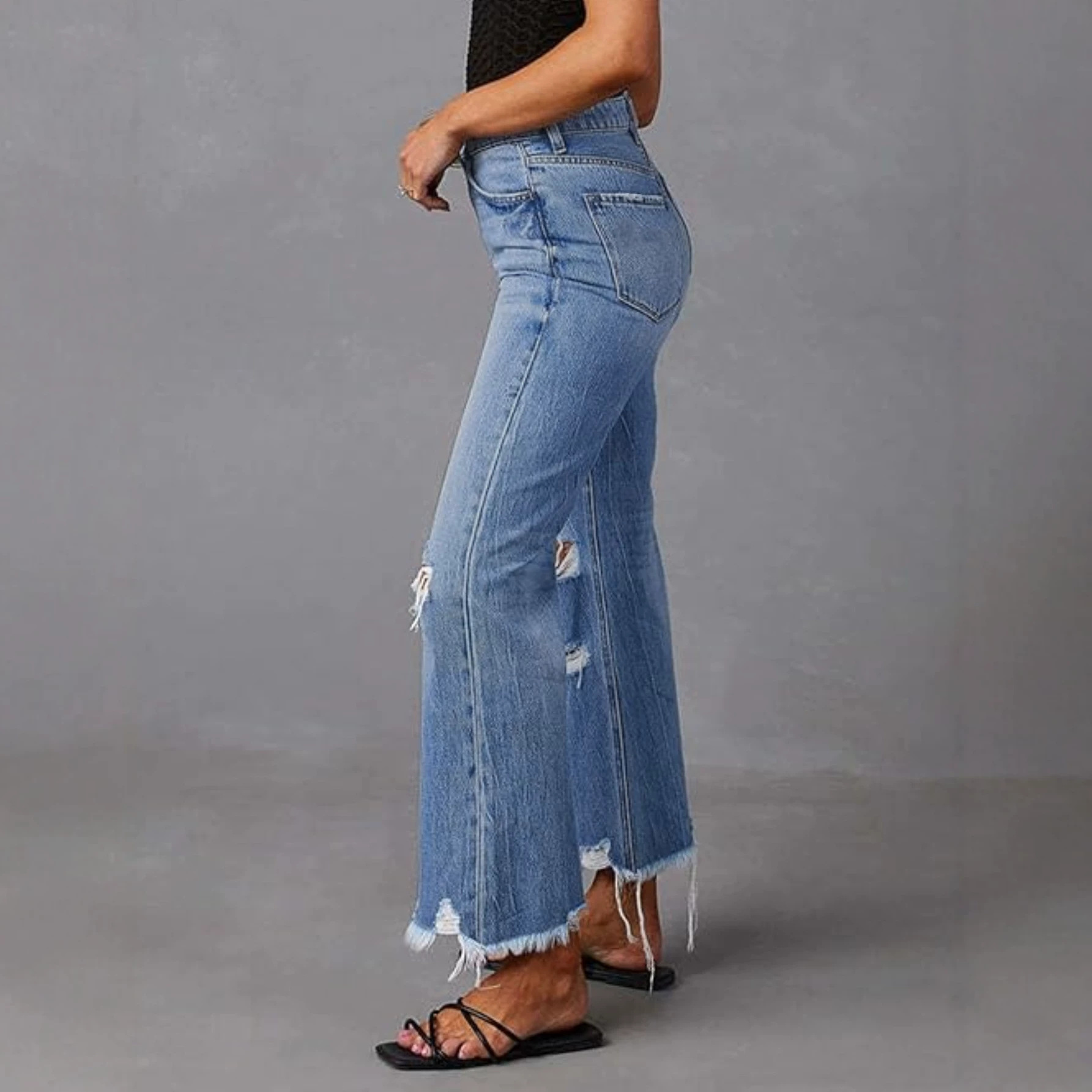 Jeans Rectos de Tiro Alto para Mujer de Mezclilla de Algodón, Con Roturas, para Uso Casual image 5