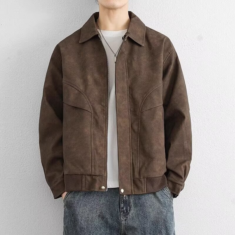 American Retro Loose Leather Jacket for Men, Trendy Ins-Style Autumn Design Pu Leather Jacket, Waterproof Motorcycle Jacket for Men and Women