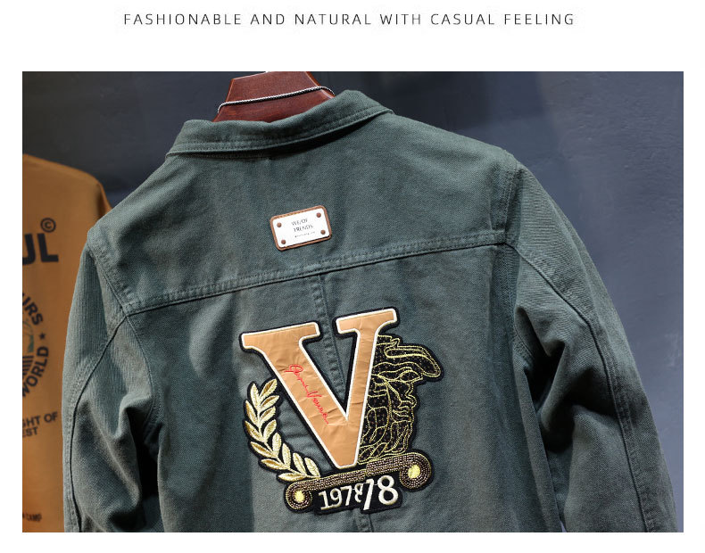 V-embroidered Denim Jacket For Men Washed Lapel Tooling Style_voghion.com