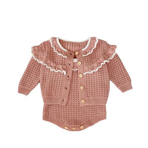  Autumn Clothing Internet Celebrity Infant and Toddler Girls Ruffled Knitted Jacket + Strap Harness Romper 2-piece Set