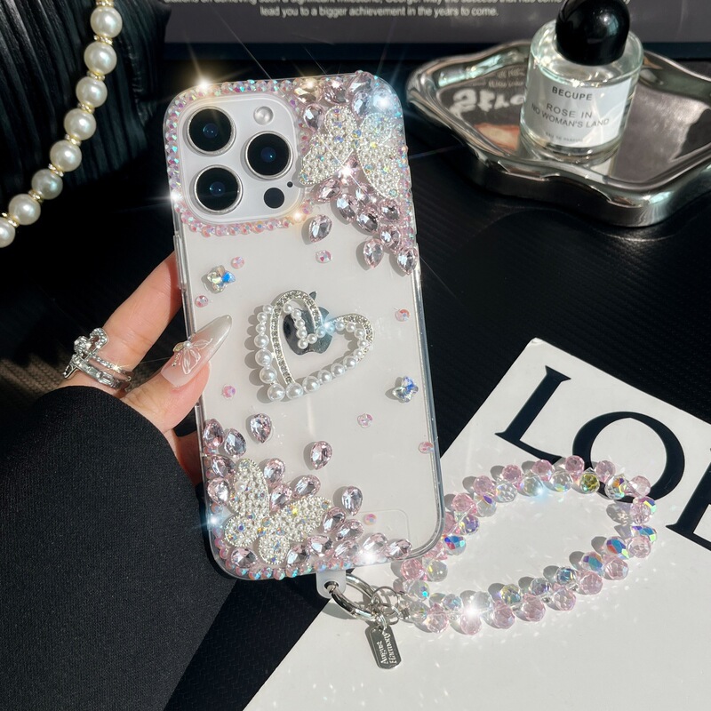 Butterfly Pearl Heart 17Promax Rhinestone Phone Case Suitable for Iphone16 Apple 15 Light Luxury Ins Style 14P