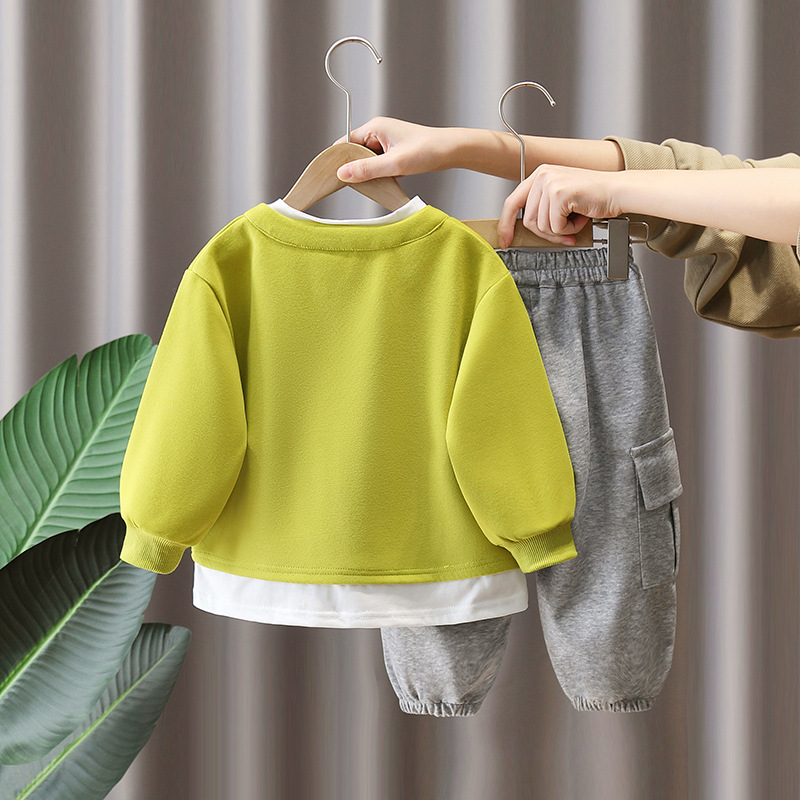 7840 traje de suéter para niños estilo occidental ropa de primavera para niños falso top de dos piezas 2025 nuevo conjunto de primavera y otoño primavera